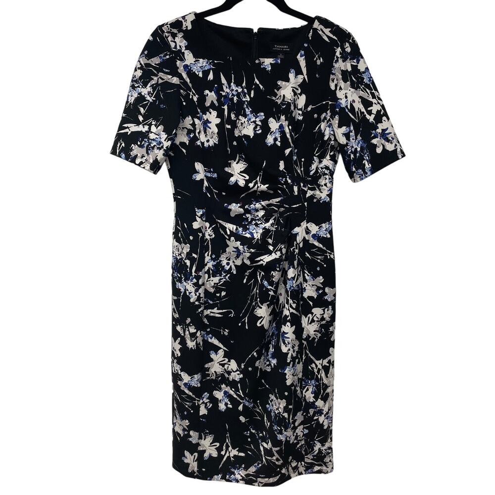 Tahari ASL Black White Floral Work Dress Size 4/Small Short Sleeve Stretch